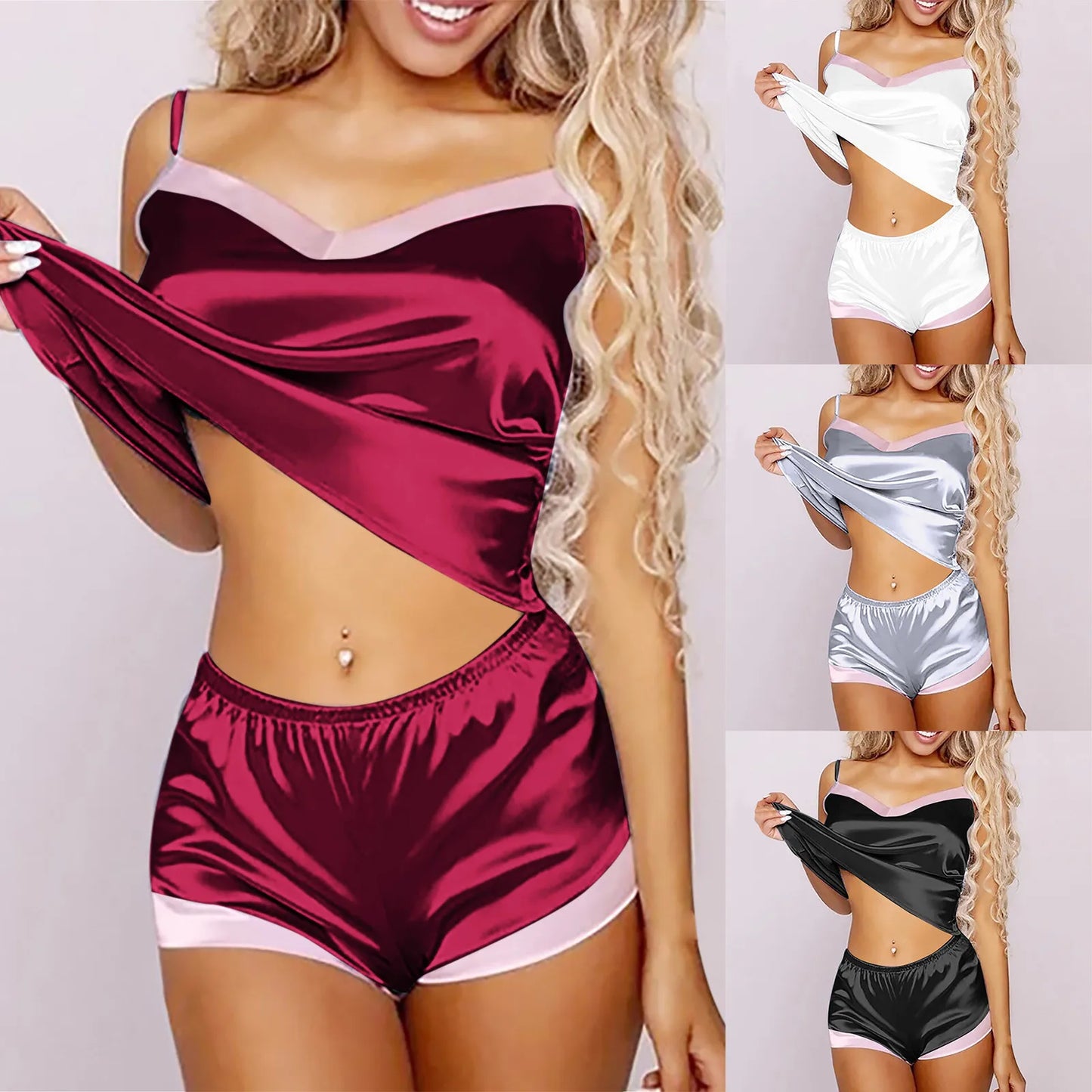 Lace Pijama Women's Pajama Sets V-Neck Stretch Satin Sexy Lingerie Sleepwear Pajamas Home Wear Nightwear Clothing
