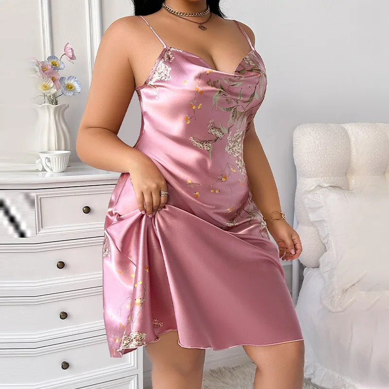 Plus Size Cherry Print Silk Satin Women Nightgown Pajama Dress Sleepwear Sleeveless Summer Nightwear