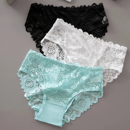 3PCS/Set Lace Floral Embroidery Cotton Panties Women Briefs Breathable Sexy Hollow Out Female Underwear Lingerie for Ladies