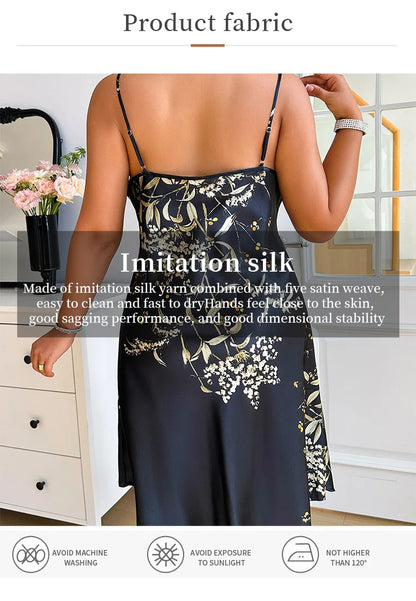 Plus Size Cherry Print Silk Satin Women Nightgown Pajama Dress Sleepwear Sleeveless Summer Nightwear
