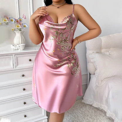 Plus Size Cherry Print Silk Satin Women Nightgown Pajama Dress Sleepwear Sleeveless Summer Nightwear