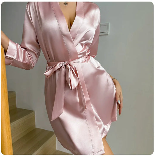 Women's Short Kimono Robe Silky Satin Bathrobe Bride Bridesmaids Sleepwear Nightgown