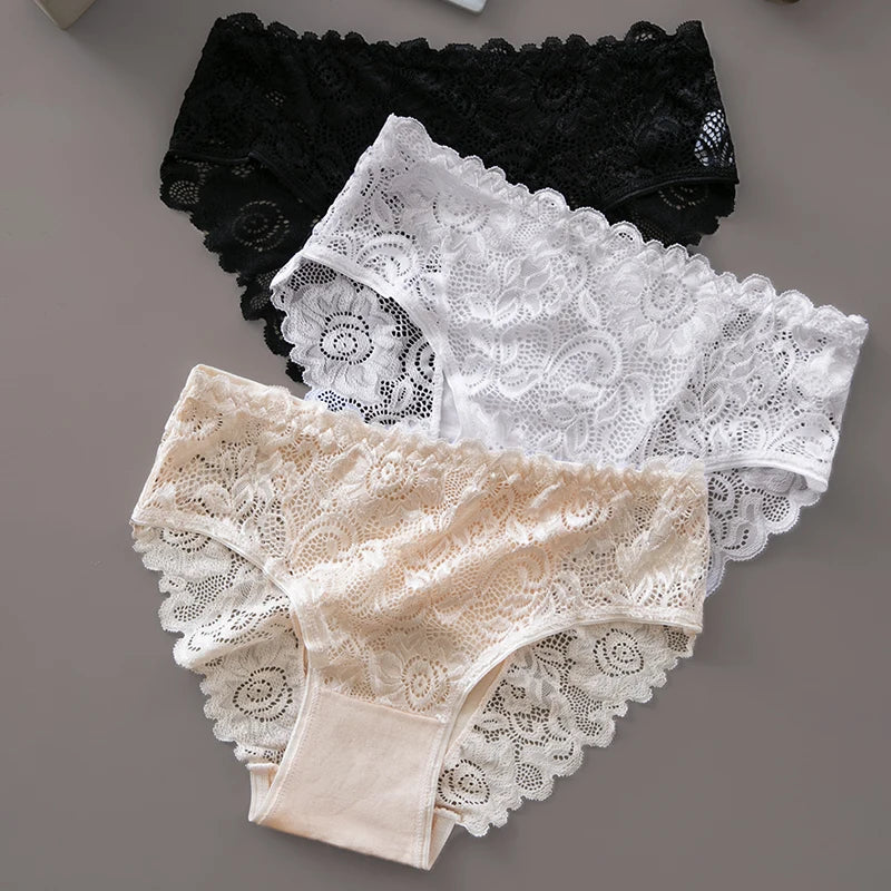 3PCS/Set Lace Floral Embroidery Cotton Panties Women Briefs Breathable Sexy Hollow Out Female Underwear Lingerie for Ladies