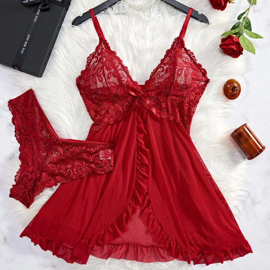 Transparent Red Sexy Lingerie Women's Underwear See Through Sleepwear Lace Nightdress And Panty  Sets Female Sexy Nighty