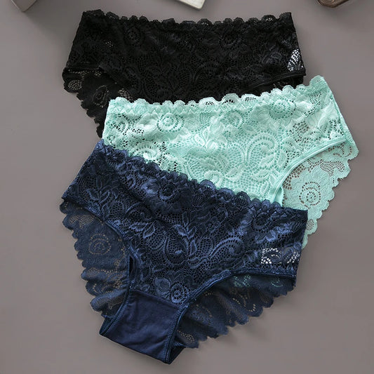 3PCS/Set Lace Floral Embroidery Cotton Panties Women Briefs Breathable Sexy Hollow Out Female Underwear Lingerie for Ladies