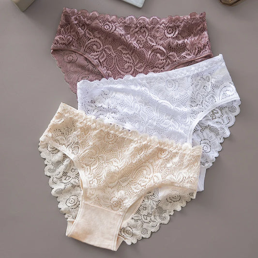 3PCS/Set Lace Floral Embroidery Cotton Panties Women Briefs Breathable Sexy Hollow Out Female Underwear Lingerie for Ladies