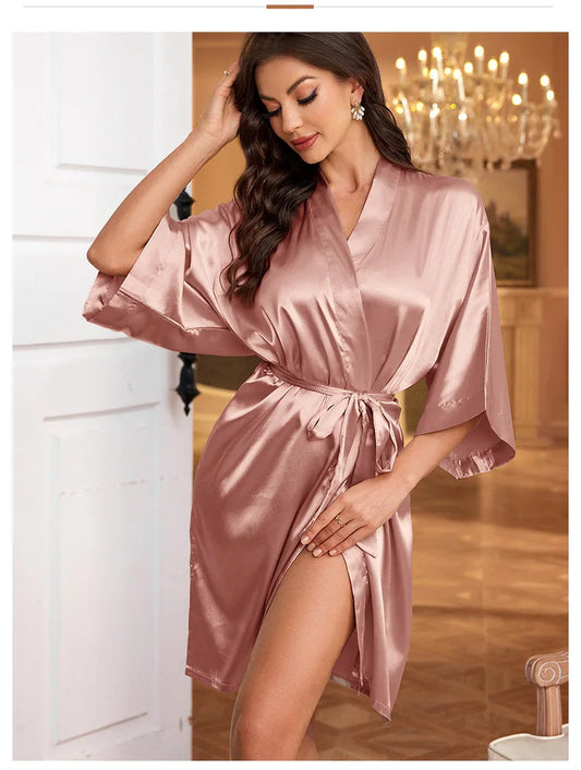Women's Short Kimono Robe Silky Satin Bathrobe Bride Bridesmaids Sleepwear Nightgown